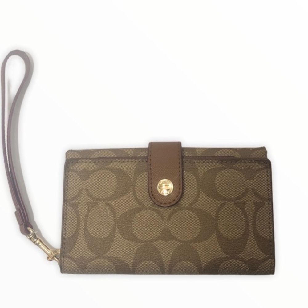 Coach brown signature wristlet wallet clutch